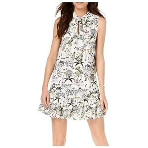 Maison Jules Women's White & Black Floral Poly Georgette Sleeveless Lined Dress
